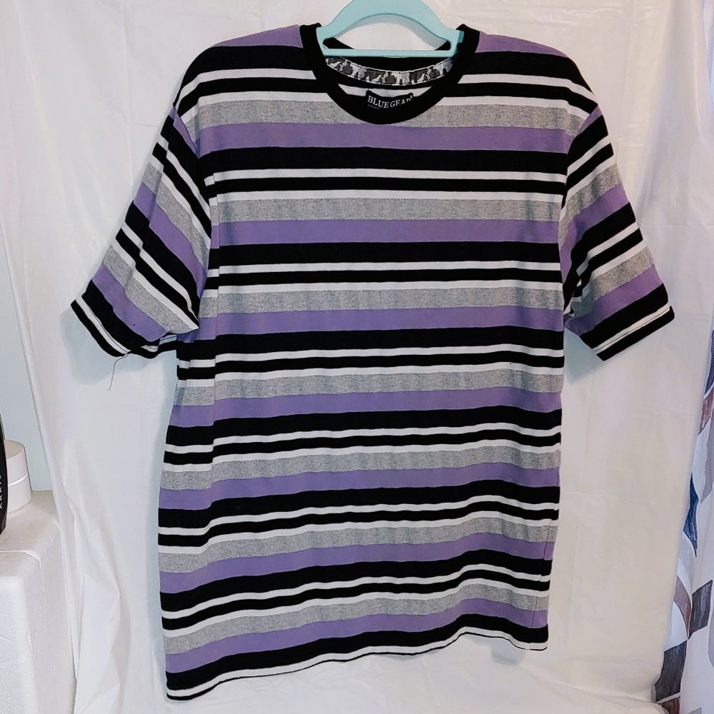 Men's Blue Gear Purple and Black Striped Tee Shirt Size XL